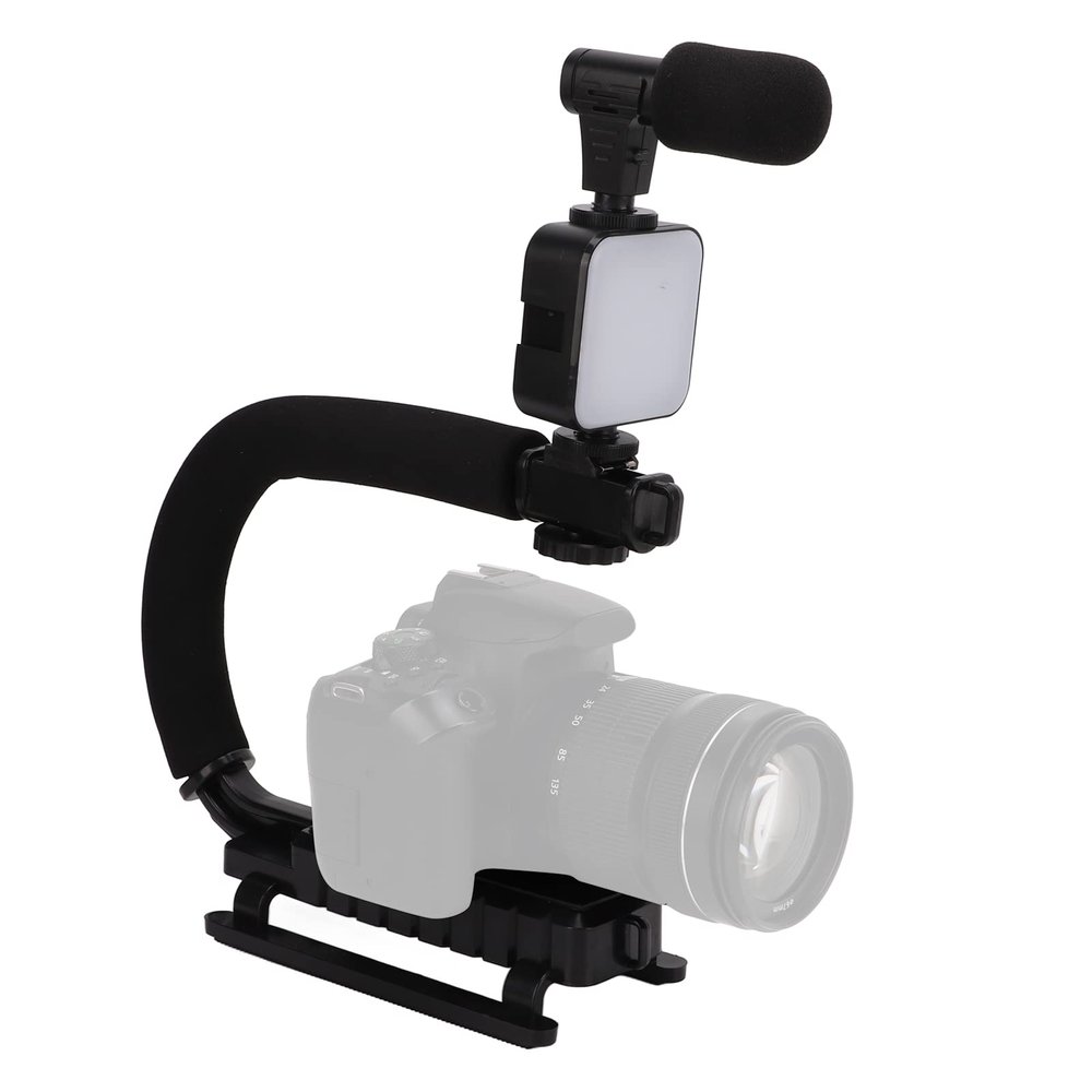 Handheld Video Camera Stabilizer, Portable U Shaped Bracket with LED Light Microphone, Prevent Shaking When, for SLR Camera, Mobile Phone, Digital Camera, Video Recorder