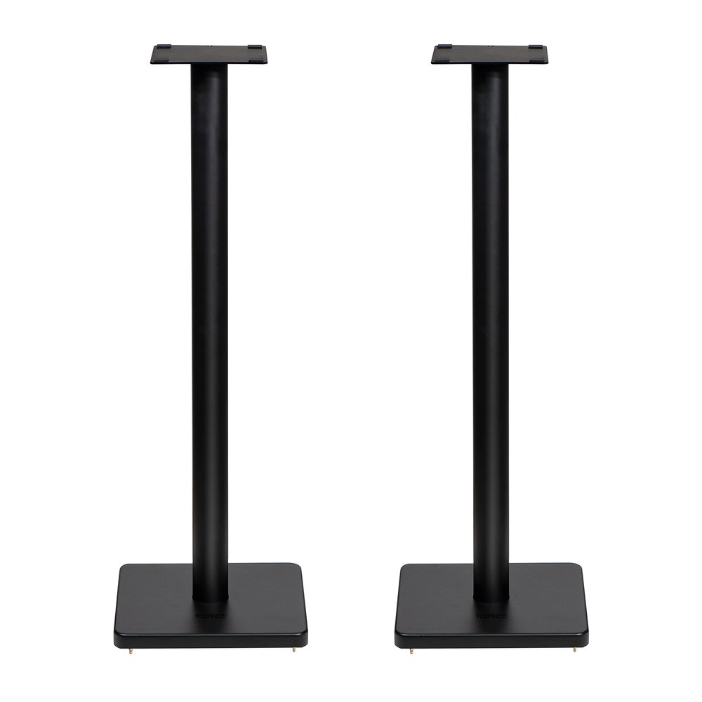 Fluance Floor Speaker Stands for Surround Sound and Bookshelf Speakers with Solid Construction, Adjustable Floor Spikes, Rubber Isolation Feet, Cable Management, Square Base - Matte Black/Pair (SS05S)