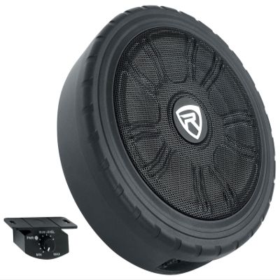 Rockville Wheel of BASS 8" 500W Powered Car Subwoofer, 4 Ohm, Slim Cast Aluminum Design, Easy Install, Remote Bass Knob, for Trucks and Cars