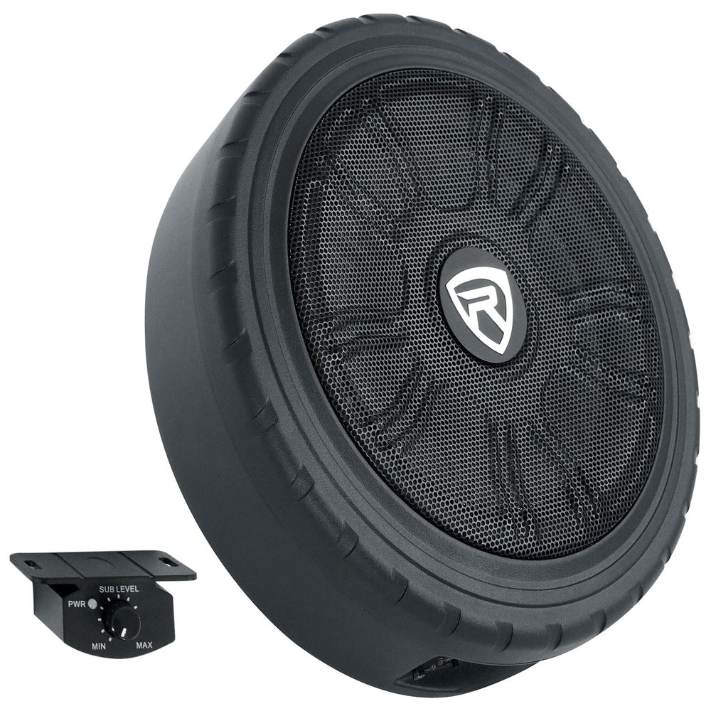 Rockville Wheel of BASS 8" 500W Powered Car Subwoofer, 4 Ohm, Slim Cast Aluminum Design, Easy Install, Remote Bass Knob, for Trucks and Cars