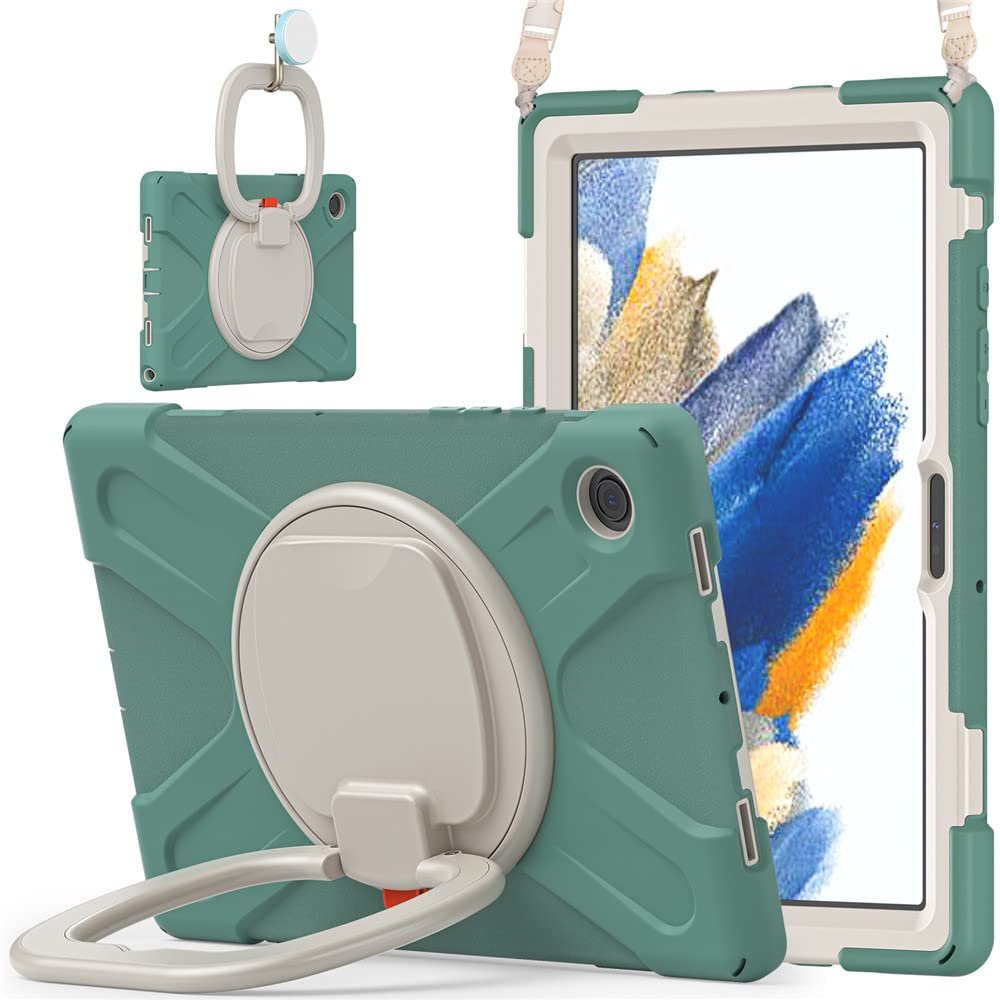 360 Rotation Case for Samsung Galaxy Tab A8 10.5" Sturdy Cover Rotate Ring Stand Shoulder Carrying Strap Hand Strap Rugged Children Adults Outdoor Case, DarkGreen