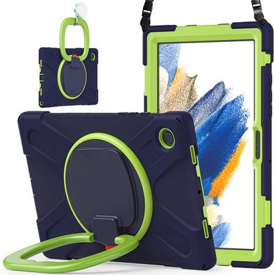 360 Rotation Case for Samsung Galaxy Tab A8 10.5" Sturdy Cover Rotate Ring Stand Shoulder Carrying Strap Hand Strap Rugged Children Adults Outdoor Case, Navy+Green
