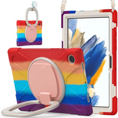 360 Rotation Case for Samsung Galaxy Tab A8 10.5" Sturdy Cover Rotate Ring Stand Shoulder Carrying Strap Hand Strap Rugged Children Adults Outdoor Case, Colourful Red