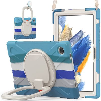 360 Rotation Case for Samsung Galaxy Tab A8 10.5" Sturdy Cover Rotate Ring Stand Shoulder Carrying Strap Hand Strap Rugged Children Adults Outdoor Case, Colourful Blue