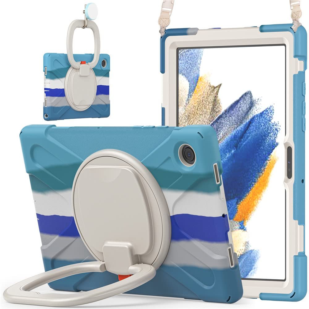 360 Rotation Case for Samsung Galaxy Tab A8 10.5" Sturdy Cover Rotate Ring Stand Shoulder Carrying Strap Hand Strap Rugged Children Adults Outdoor Case, Colourful Blue