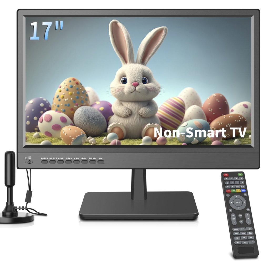 Jexiop 17inch TV,Small Flat Screen TV with ATSC Digital Tuner-HDMI &USB Port in-Dual Power-12 Volt Charger Cable and AC Power Suitable-for Caravan,Kitchen,Bedroom