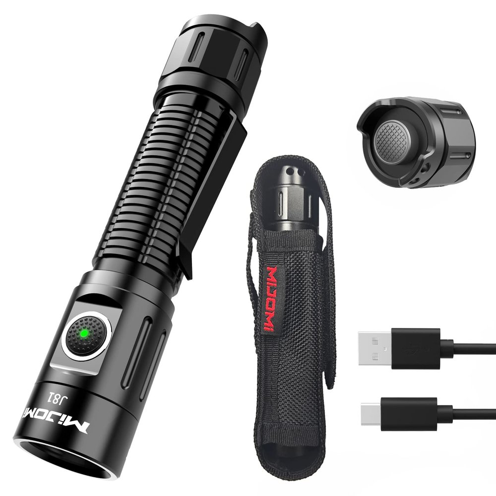 MIJOMI J81 Tactical Rechargeable Flashlight with Holster, 1300 Lumen Super Bright IP68 Waterproof Dual Button Flashlight for Tactical Games Outdoor