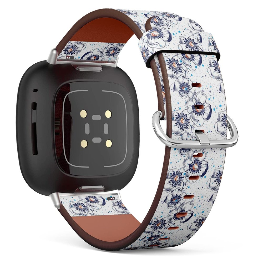 CJBROES Replacement Leather Watch Band, Compatible with Fitbit Versa 3 and Fitbit Sense of Wristband Bracelet Accessory - Poppy-Flowers-Spray