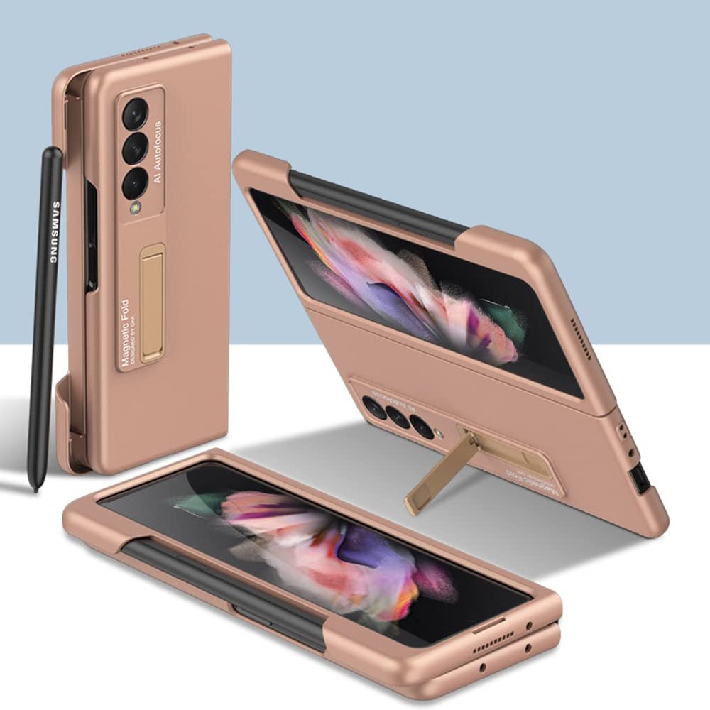 SHIEID Z Fold 3 Case with Pen Holder, Z Fold 3 Case with S Pen Protective Cover, Built-in Magnetic Kickstand All-Inclusive Shockproof Case for Galaxy Z Fold 3 5G, Mist Gold