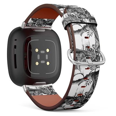 CJBROES Replacement Leather Watch Band, Compatible with Fitbit Versa 3 and Fitbit Sense of Wristband Bracelet Accessory - Watercolor-Tropical-Leopard-Plant