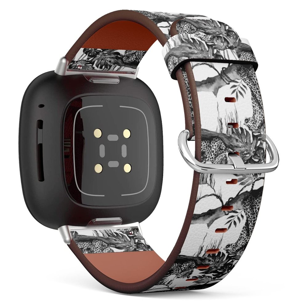 CJBROES Replacement Leather Watch Band, Compatible with Fitbit Versa 3 and Fitbit Sense of Wristband Bracelet Accessory - Watercolor-Tropical-Leopard-Plant