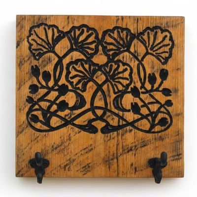 Art Nouveau Gingko Motif Coat Hanger - Carved in a 12"x12" Solid Wood Board | Key Holder | Entryway Organizer | Towel Rack | Leash Holder