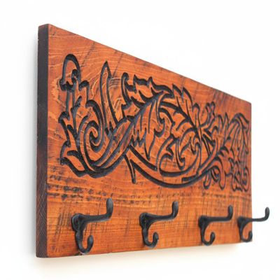 Oak Leaf Coat Hanger - Carved in a 30.5"x10" Solid Wood Board Key Holder Entryway Organizer Towel Rack Leash Holder Rustic Modern