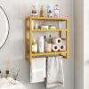 Galood Over The Toilet Storage Bathroom Shelves Wall Mounted 3 Tier Space Saver Corner Shelf Organizer Bamboo Towel Rack Toilet Paper Cabinet with Hanging Rod Yellow view 2