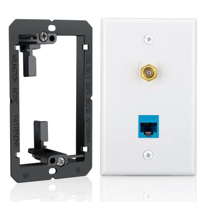 2 Port Ethernet Coax Wall Plate with Single Gang Low Voltage Mounting Bracket, ELECTOP Cat 6 Keystone Port Coupler & RG6 Coax F Type Port RJ45 Female to Female Jack Wall Plate