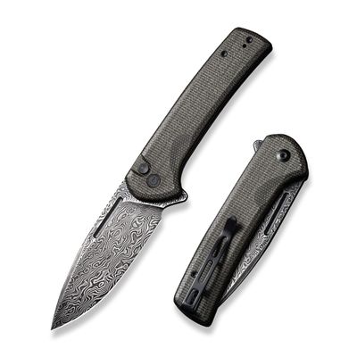 CIVIVI Pocket Knife for EDC, Conspirator Button Lock Folding Knife 3.48" Damascus Blade, Dark Green Micarta Handle C21006-DS1