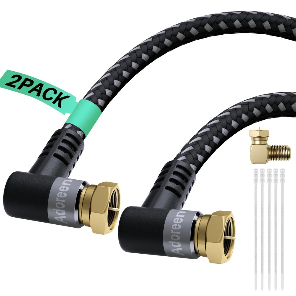 Adoreen Coaxial Cable 3 ft-2 Pack-Right Angle to Angle Quad Shielded 90 Degree RG6 Coax Cable Cord, Male F Gold-Plated Nylon-Braided,in-Wall,Digital TV Aerial AV with Male to Female Adapter+15 Ties