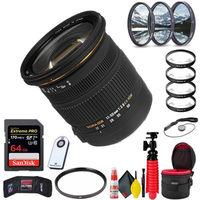 Sigma 17-50mm f/2.8 EX DC OS HSM Lens for Canon EF + 64GB Sandisk Extreme Pro SD Card (Extreme Bundle) with Accessories