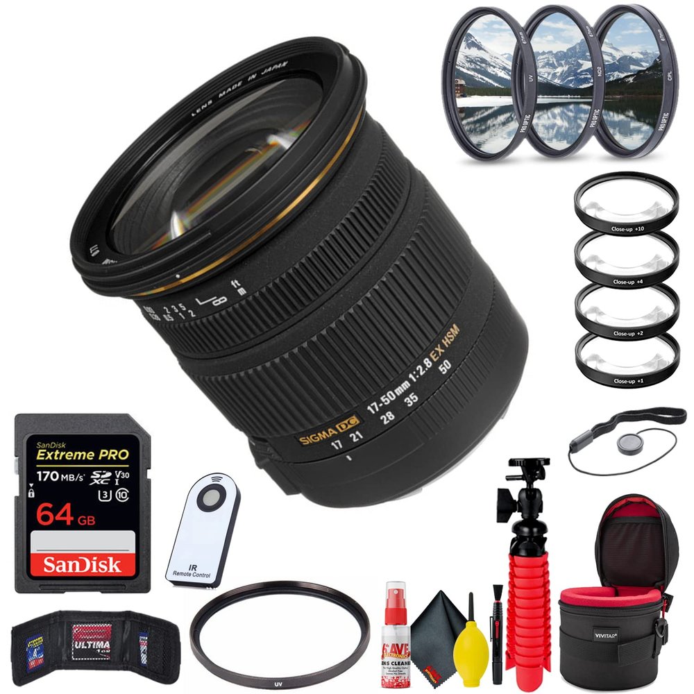Sigma 17-50mm f/2.8 EX DC OS HSM Lens for Canon EF + 64GB Sandisk Extreme Pro SD Card (Extreme Bundle) with Accessories