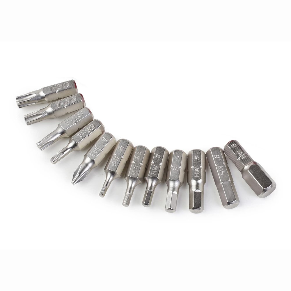 Prestacycle Professional 12-Piece 1/4" S2 Steel Hex Bits Set Hardened Nickel-Plated Bicycle Tool Bits Includes HEX, TORX, and PH1 Screwdriver Bits Durable Bike Repair Bit Kit
