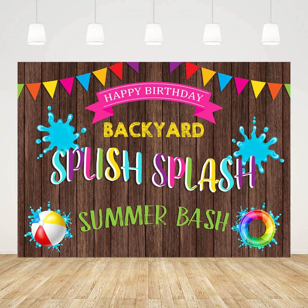 ABLIN 7x5ft Summer Pool Party Backdrop for Birthday Splish Splash Summer Bash Backyard Pool Party Decorations Wood Pennant Photography Background Pool Party Banner Props