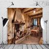 BELECO 7x5ft Fabric Rustic Old Kitchen Backdrop Rural Farmhouse Cabin Interior Fireplace Dining Table Western Tavern Inn Background Countryside Theme Party Decorations Photo Props view 2
