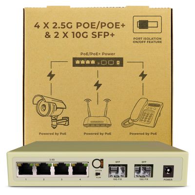 6-Port 2.5G PoE Unmanaged Ethernet Switch, 4 x 2.5G Base-T, 2 x 10G SFP+, VLAN Isolation, Supports 100/1000/2500Mbps, Fanless Metal Design, Desktop/Wall Mount, Ideal for WiFi AP, PoE Devices