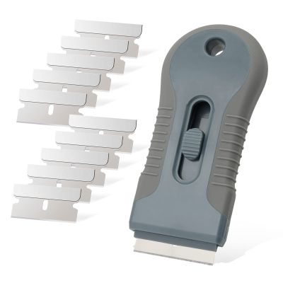 EHDIS Car Sticker Remover Glass Cooktop Razor Scraper with 10pcs Replace Blades for Label,Glue,Paint,Adhesive Remover,Oven Door, Stove Cleaning (Grey)