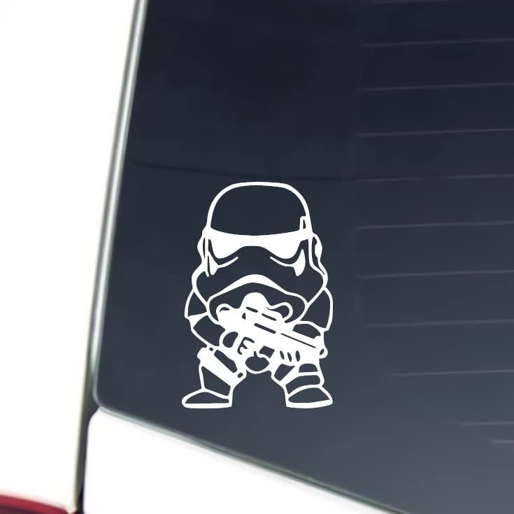 Baby Stormtrooper Vinyl Decal Sticker - Mini Cute Figure Black or White - Bumper Window Laptop Car Gift (White)