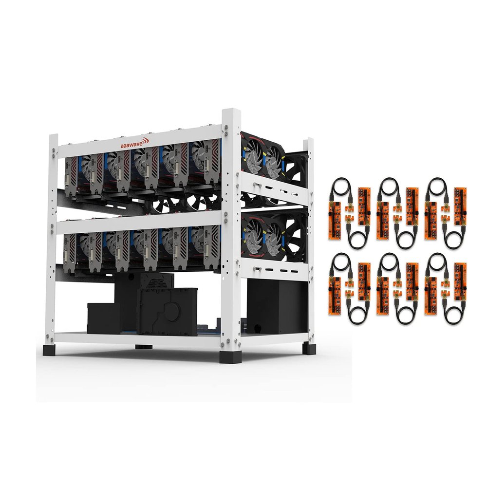 AAAwave 12GPU Mining Rig Frame (White) and 12 x AAAwave PCIe Riser V011Pro 1x to 16x Graphic Extension for GPU Mining