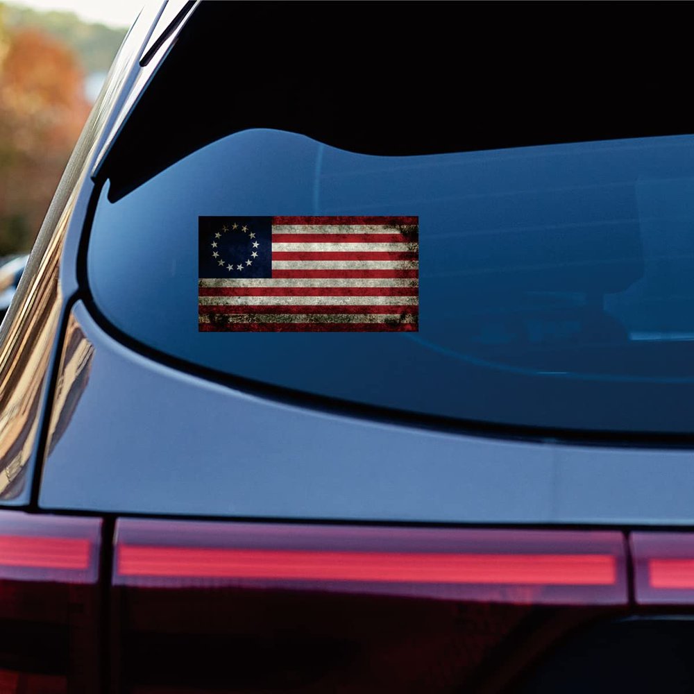 Betsy Ross Flag Decal Vinyl Sticker Car Laptop 1777-1795 American Subdued Distressed B Reflective Glossy Choose Size (16'' x 8.4" (40.6cm x 21.4cm), Reflective)