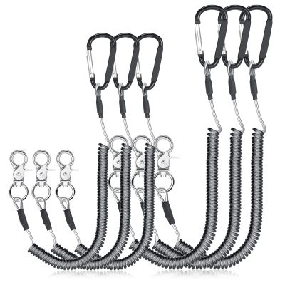 Woanger 6 Pack Fishing Lanyard Steel Wire Coiled Lanyard Tool Lanyards for Hand Tools Kayak Retractable Tool Leash Fishing Rod Safety Lanyards Gear with Alloy Clips for Pliers Boating(Black)