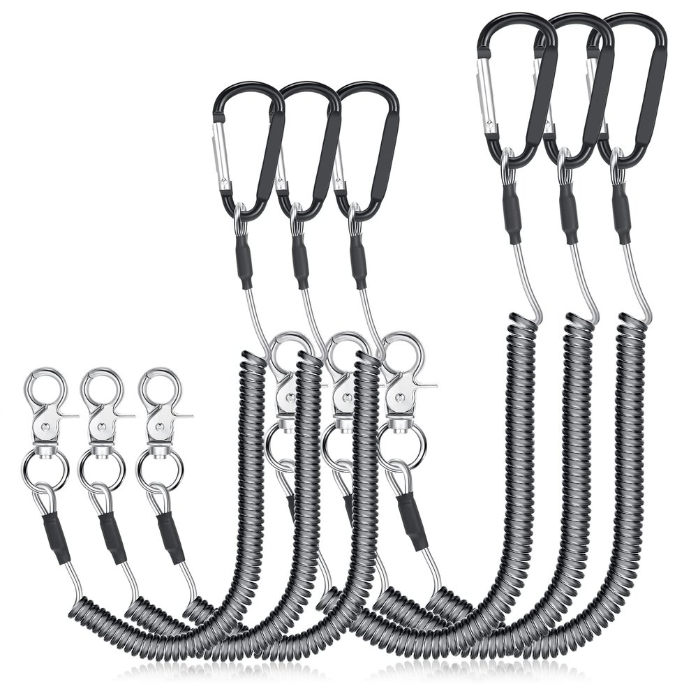Woanger 6 Pack Fishing Lanyard Steel Wire Coiled Lanyard Tool Lanyards for Hand Tools Kayak Retractable Tool Leash Fishing Rod Safety Lanyards Gear with Alloy Clips for Pliers Boating(Black)