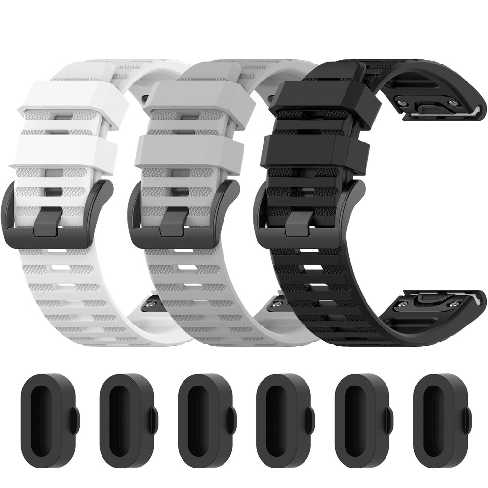 Lijinlan Compatible with Fenix 7X Band with Dust Plugs 26mm Easy-fit Soft Silicone Watch Band Replacement for Fenix 5X/Fenix 5X Plus/Fenix 3/Fenix 6X/7X Smartwatches Accessories (White,Gray,Black)