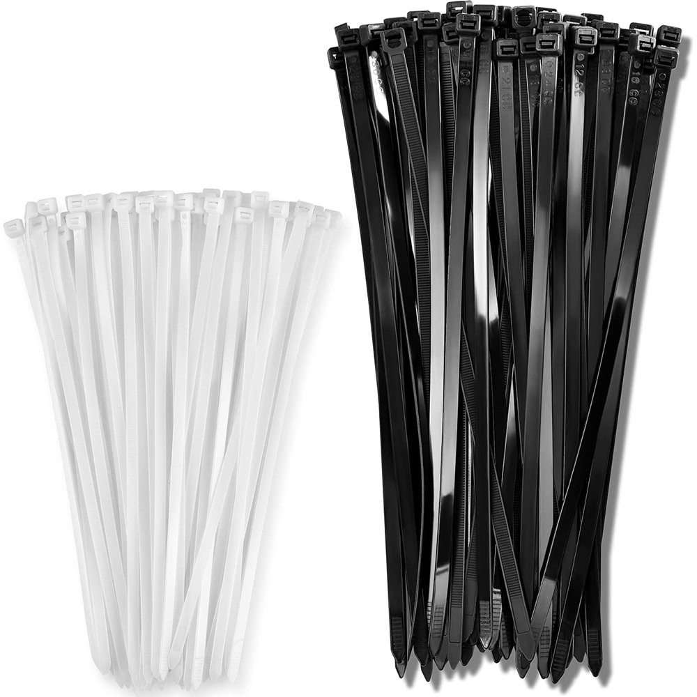 12 Inch Zip Cable Ties (100 Pack), 120lbs Tensile Strength - Heavy Duty White, Self-Locking Premium Plastic and 15" Black Zip Cable Ties (100 Pack), 120lbs Tensile Strength - Heavy Duty, Self-Locking