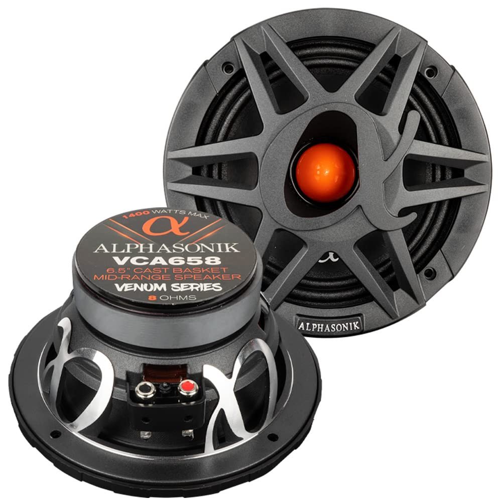 Alphasonik 1 Pair of VCA658 VENUM PRO Series 6.5" 1400 Watts Max 350 Watts RMS Mid-Range Car Audio Speaker 8-Ohm Proprietary Grille, Cast Basket, Cloth Surround, Non Pressed Paper Cone, Ferrite Magnet
