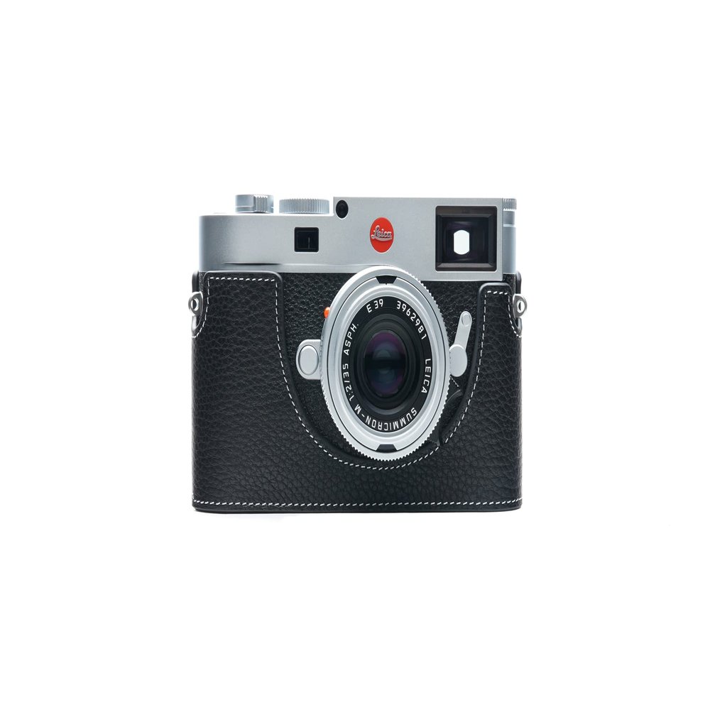 BolinUS For Leica M11 Camera Case, Handmade Genuine Real Leather Half Camera Case Bag Cover for Leica M11 Camera Bottom Opening Version + Hand Strap (Black A)