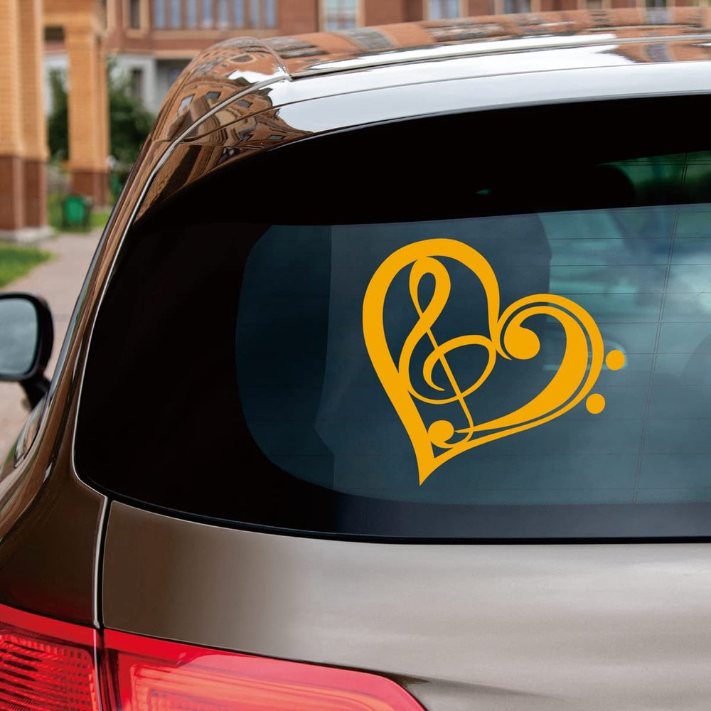 Bass Treble Clef Heart Love Music Decal Sticker Vinyl for Car Boat Laptop Choose Size Color (4'' x 3.8" (10.2cm x 9.6cm), Yellow)
