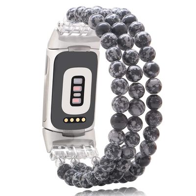 C&L Accessories Compatible with Fitbit Charge 6 Bands/Fitbit Charge 5 Bands Natural Gemstone Beaded Handmade Adjustable Bracelet Replacement Bands for Women (Snowflake Obsidian)