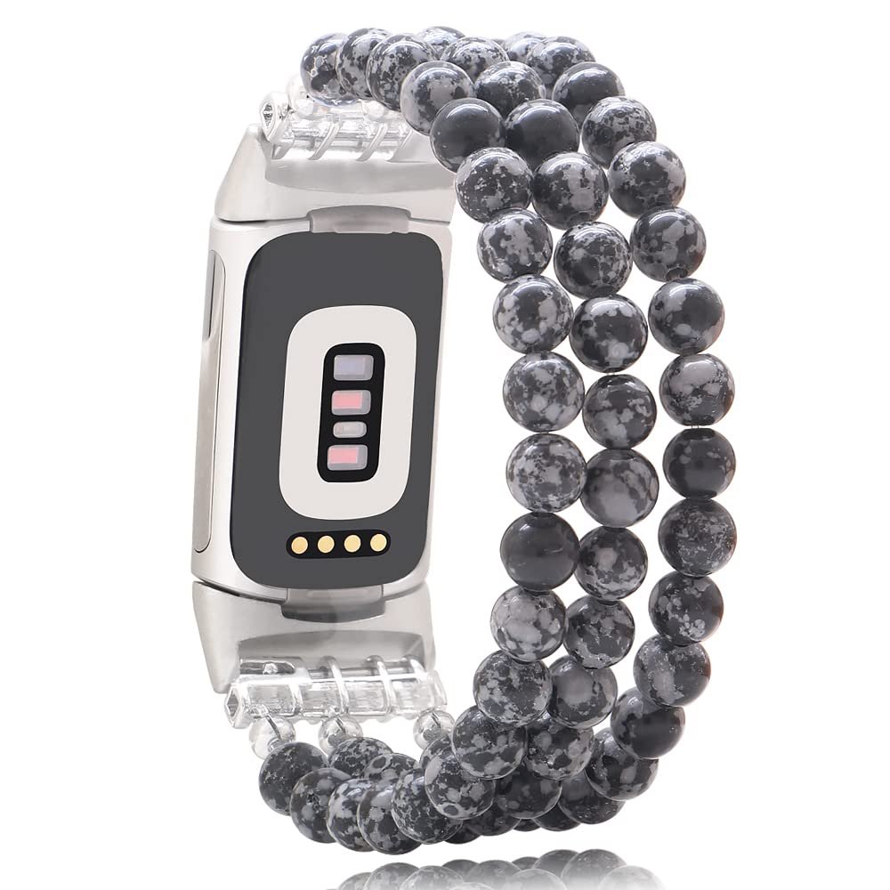 C&L Accessories Compatible with Fitbit Charge 6 Bands/Fitbit Charge 5 Bands Natural Gemstone Beaded Handmade Adjustable Bracelet Replacement Bands for Women (Snowflake Obsidian)