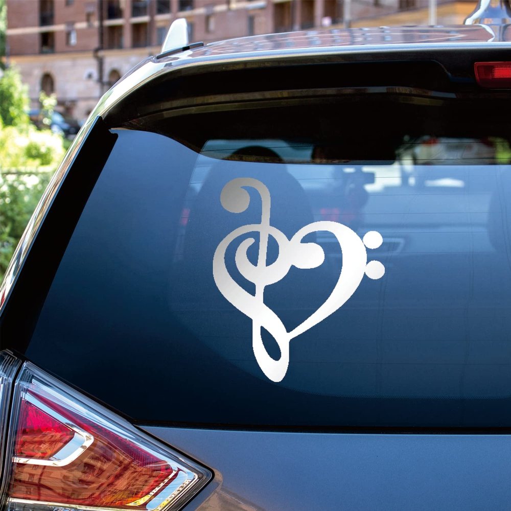 Bass Treble Clef Heart Love Music Decal Vinyl Sticker Die Cut No Background for Car Boat Laptop Choose Size Color (6'' x 5" (15.2cm x 12.8cm), Metallic Silver)