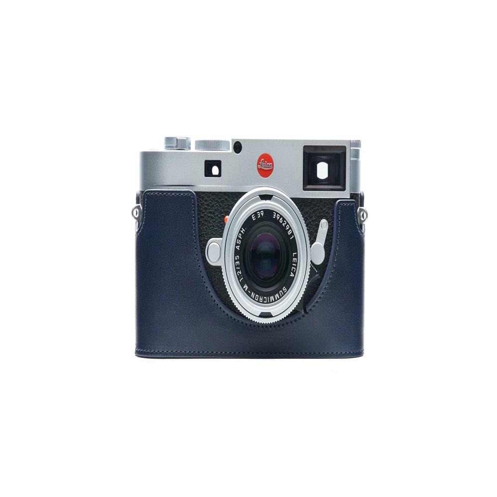 BolinUS For Leica M11 Camera Case, Handmade Genuine Real Leather Half Camera Case Bag Cover for Leica M11 Camera Bottom Opening Version + Hand Strap (Blue)