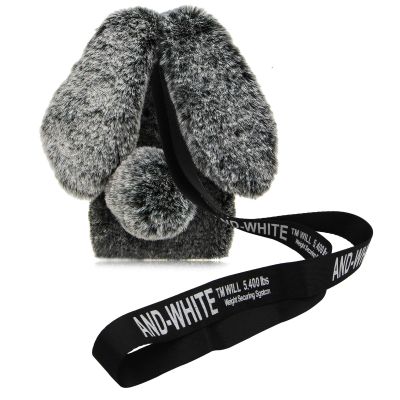 MIOKY Plush Rabbit Case for Samsung Galaxy S22 Ultra 5G, Crossbody Strap Cute Fluffy Fur Bunny Ears Hair Ball Warm Soft Case for Women Girls Shockproof Silicone Bumper Protective Cover,Dark Grey