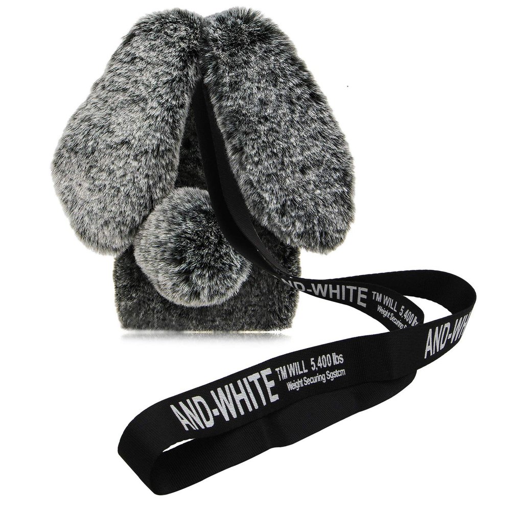 MIOKY Plush Rabbit Case for Samsung Galaxy S22 Ultra 5G, Crossbody Strap Cute Fluffy Fur Bunny Ears Hair Ball Warm Soft Case for Women Girls Shockproof Silicone Bumper Protective Cover,Dark Grey