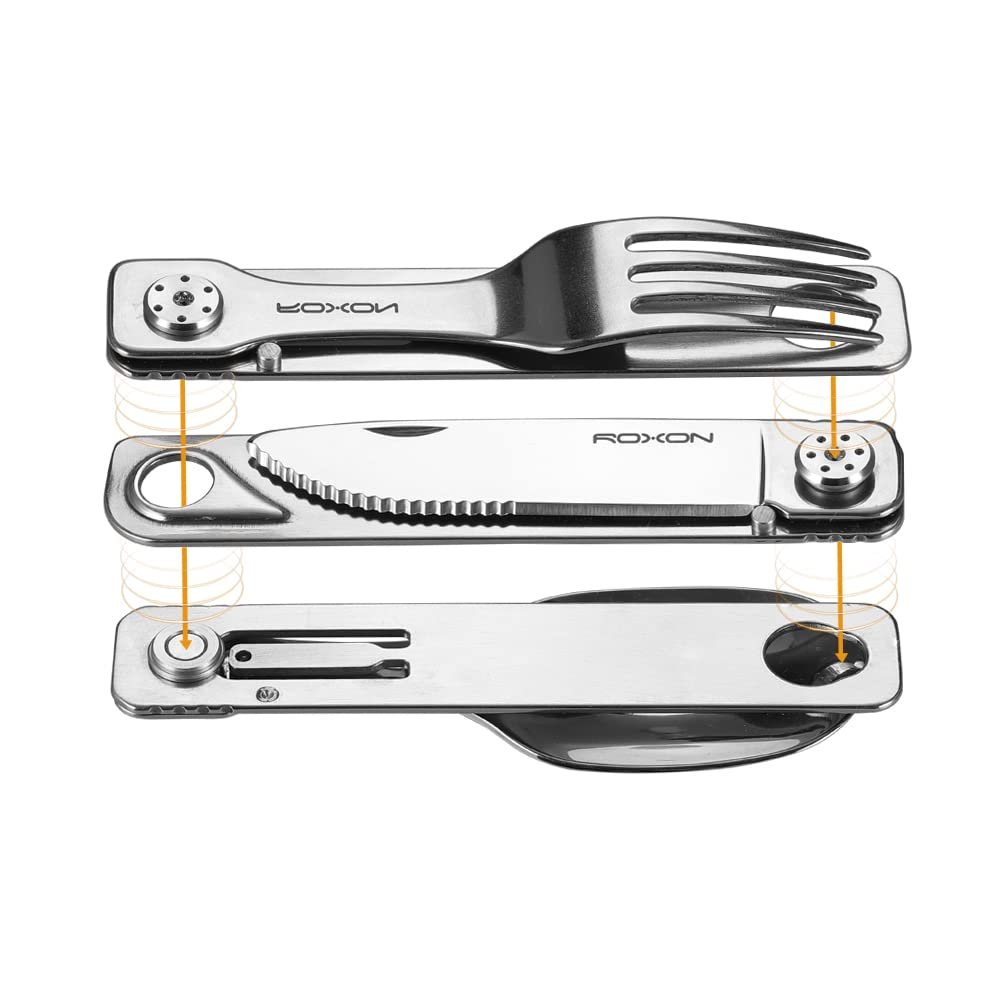 ROXON 3-in-1 Knife Spoons Fork With Case- Magnetic Folding Stainless Steel Camping Utensils Set - EDC Portable Lightweight Cutlery for Hiking Backpacking Travel Lunchbox Outdoor Silverware Essentials