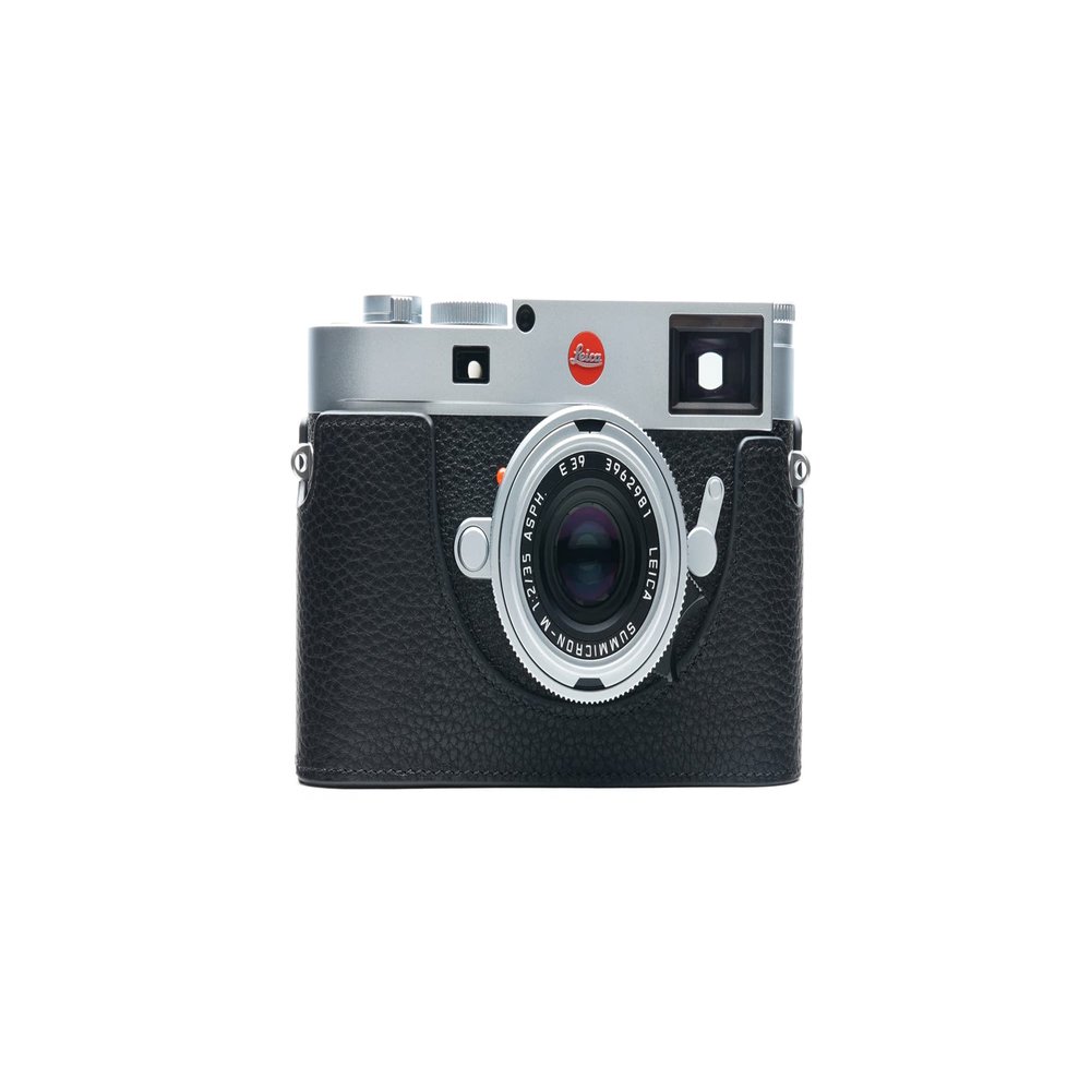 BolinUS For Leica M11 Camera Case, Handmade Genuine Real Leather Half Camera Case Bag Cover for Leica M11 Camera Bottom Opening Version + Hand Strap (Black B)