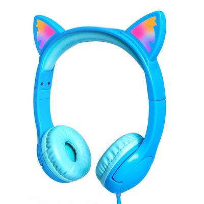 Olyre Kids Headphones with Sharing Port and Microphone, Girls Boys Headphone LED Cat Ears 85dB Volume Limited for Children/Toddler Wired On Ear for Tablets/E-Readers/Online/School/Travel - Blue