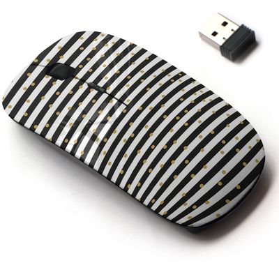 CJCBROES 2.4G Wireless Mouse with Cute Pattern Design for All Laptops and Desktops with Nano Receiver - Black White Stripes Gold Circles
