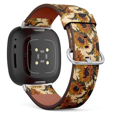 CJBROES Replacement Leather Watch Band, Compatible with Fitbit Versa 3 and Fitbit Sense of Wristband Bracelet Accessory - Sunflowers Watercolor