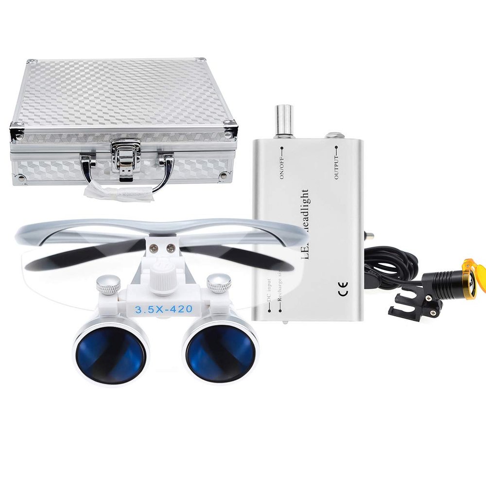 EustomA Binocular Loupes 3.5X-420mm Working Distance Optical Glass+3W LED Headlight Clip-on Type with Box (Silver)